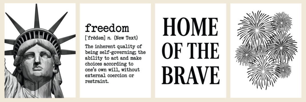 Patriotic fourth of july wall art poster set. Minimalist vintage dictionary definition of freedom, fireworks sketch, statue of liberty, and home of the brave.