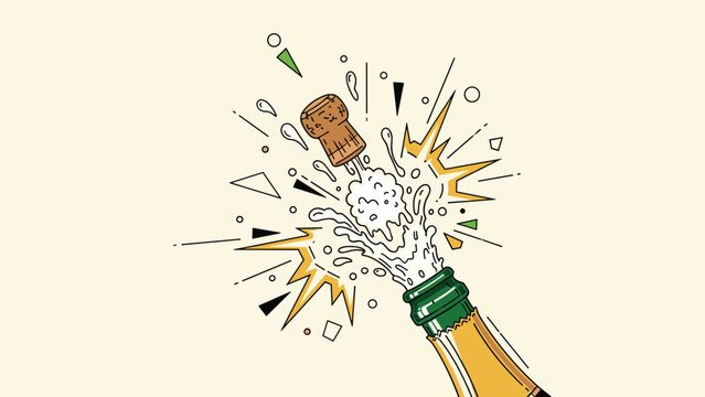 Celebration scene shows a champagne bottle popping its cork with liquid spraying out amid festive confetti and graphic bursts.
