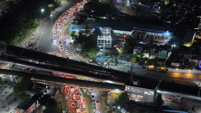 Aerial Night Shot of Anna Nagar Flyover and Traffic Chennai India
