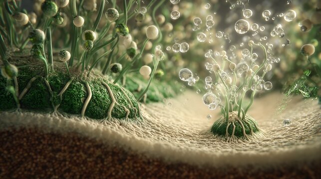 Microscopic illustration of plant root hairs absorbing water droplets in a nutrient rich soil environment