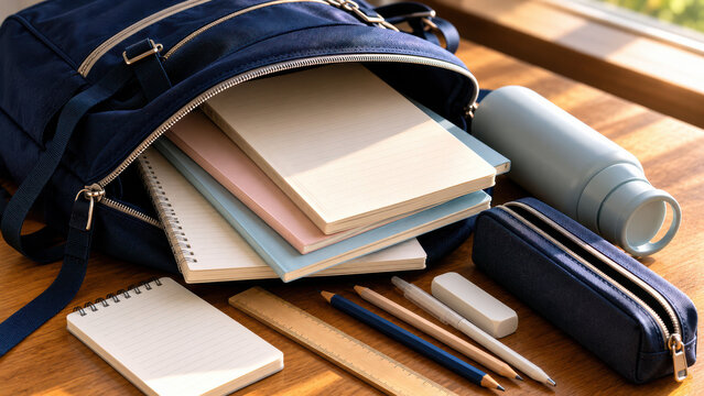 Back to school, summer, Asian. Close-up of a dark navy blue Asian school backpack lying open on a wooden desk, with plain school notebooks featuring clean covers style Asian