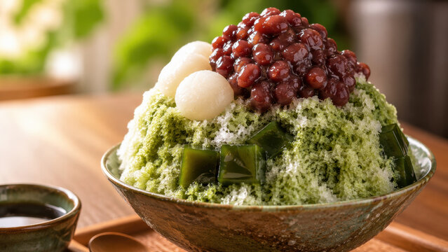 Colorful Korean bingsu shaved ice dessert in a ceramic bowl, topped with matcha syrup, red bean, and mochi, on a wooden table with summer light. Summer Asia food concept.