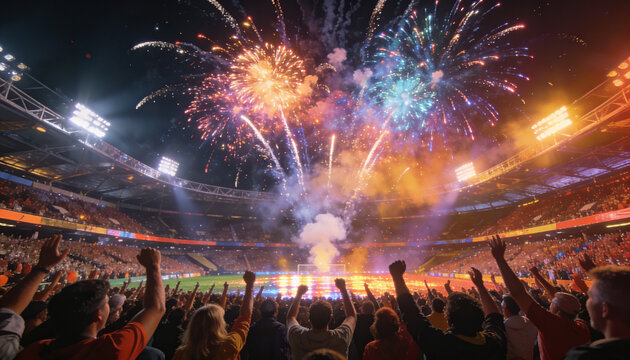 Spectacular Stadium Fireworks: A breathtaking aerial display of vibrant fireworks illuminates the night sky above a packed stadium, with a roaring crowd raising their arms in awe and celebration.