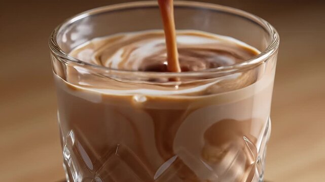 A stream of dark coffee elegantly pours into a glass of creamy white milk, creating a swirling pattern and a visually appealing beverage.