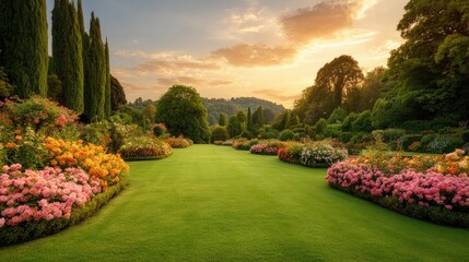 Obraz premium Tranquil Garden Landscape at Sunset with Colorful Flowers and Lush Green Lawn Surrounded by Tall Trees and Rolling Hills in a Serene Atmosphere