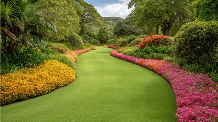 Obraz premium Lush Green Landscape with Colorful Flower Beds Under Bright Blue Sky in Tranquil Garden Setting for Nature and Outdoor Enthusiasts to Enjoy