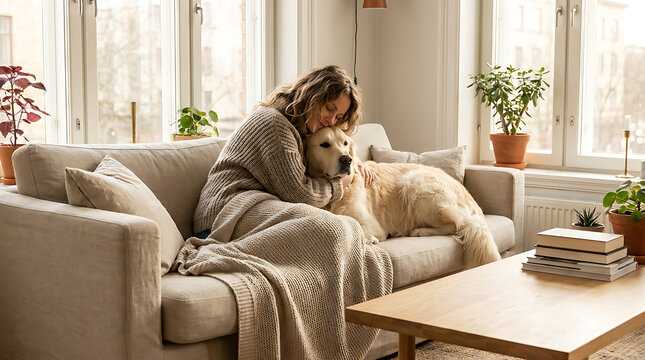 Woman Relaxing on Couch with Dog Under Cozy Blanket in Bright Living Room