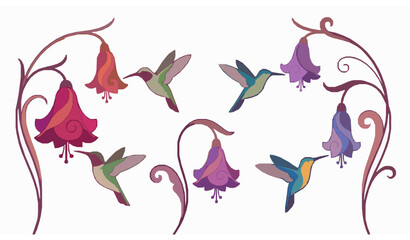 Stylized Hummingbird Pollination Scene with Hanging Upside Down Flowers Vector Illustration Set Isolated © MdHacib