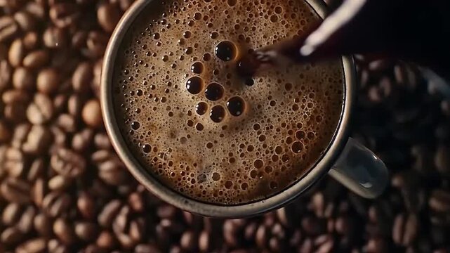 Freshly Brewed Moka Pot Coffee Poured Into a Ceramic Mug, Top View Slow Motion