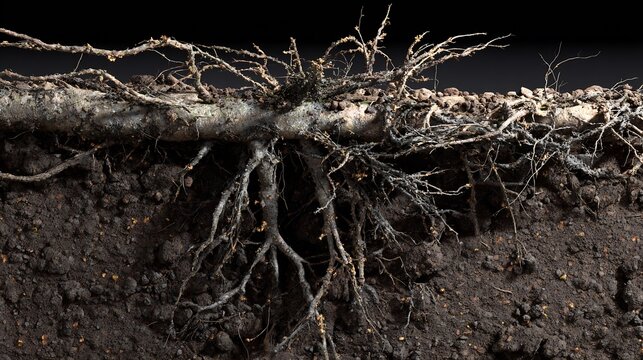 Close up cross section of a thick plant root with branching rootlets in dark earth