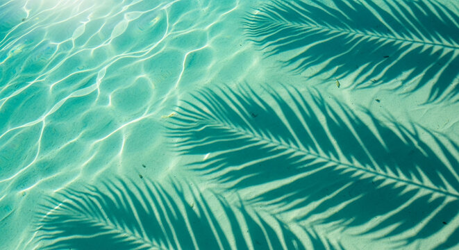Turquoise water with sunlight patterns and palm leaf shadows, symbolizing summer, relaxation, and tropical vacation escape