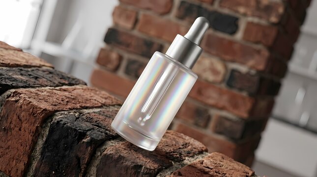Luxury serum bottle on rustic brick surface with soft light bokeh