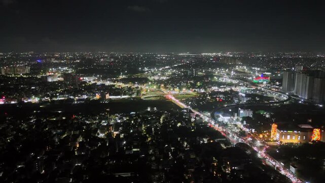 Aerial Night Shot of Anna Nagar Flyover and Traffic Chennai India