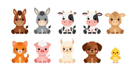 Obraz premium Cute Farm Animals Collection: Horse, Donkey, Cows, Calf, Cat, Pig, Llama, Dog, Chick