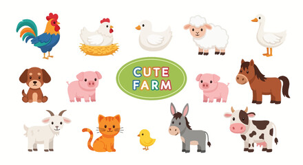 Obraz premium Cute Farm Animals Collection: Rooster, Chicken, Sheep, Duck, Horse, Cow, Piglet, Kitten, Puppy