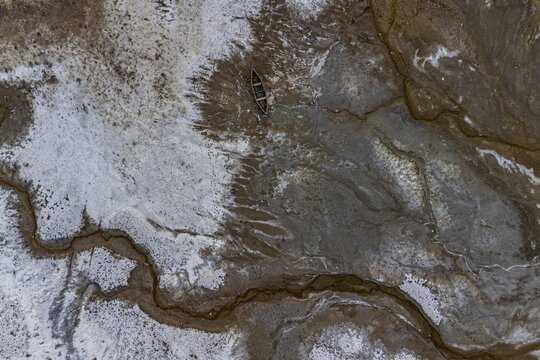 Aerial of the salty grounds of the Aral lake, Aralsk, Aral lake, Kazakhstan
