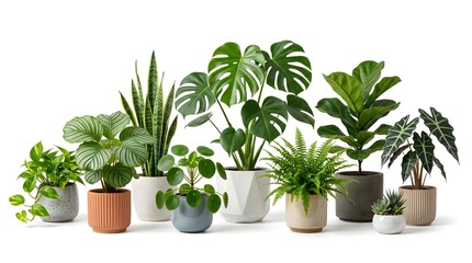 Fototapeta premium Collection of diverse houseplants in modern pots, showcasing a variety of lush green foliage