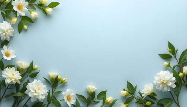 White spring flowers and green leaves creating a floral border an elegant light blue background