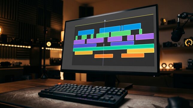 Modern home recording studio workspace with computer monitor displaying colorful audio editing software timeline, mechanical keyboard and microphone on wooden desk.