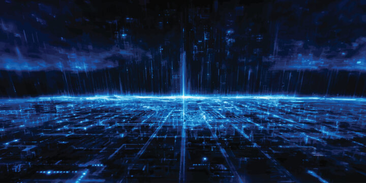 Abstract cyber grid cityscape with vertical light data beams abstract cityscape technology futuristic cyberspace information connection background electronic infrastructure simulation