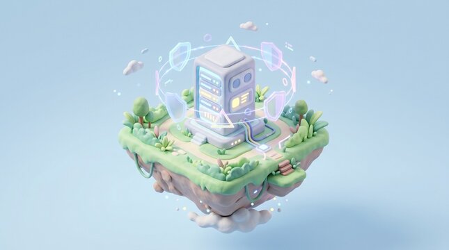 Cute 3D isometric illustration of a data server on a floating green island protected by glowing security shield icons, cloud computing and cybersecurity concept.