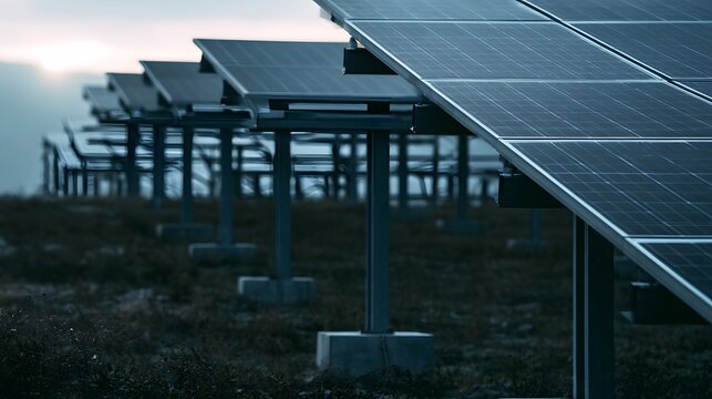 An expansive view of multiple rows of solar panels extending across an open field under the natural light