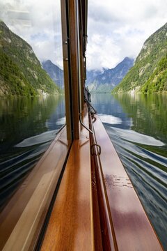 Mountains and lake reflected in the windscreen of the excursion boat at K&ouml;nigssee, Berchtesgaden National Park, Sch&ouml;nau am K&ouml;nigssee, Berchtesgadener Land, Upper Bavaria, Bavaria, Germany