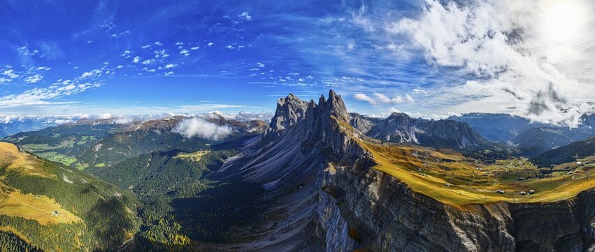 The peaks Sas Rigais and Furchetta of the Geisler group, wide-angle panoramic photo, drone photo, Val Gardena, Dolomites, Autonomous Province of Bolzano, South Tyrol, Italy
