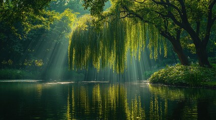 Fototapeta premium Serene willow tree overhanging peaceful pond with sun rays shining through lush green foliage in a tranquil park setting