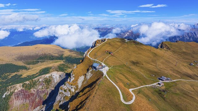 Summit station of the Seceda cable car, Sofie hut, drone shot, Val Gardena, Dolomites, Autonomous Province of Bolzano, South Tyrol, Italy