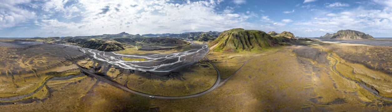 Mountain panorama, volcanic landscape and river, glacier river from above, aerial view, river arms meandering, wild nature, Icelandic Highlands, &THORN;akgil, Su&eth;urland, Iceland