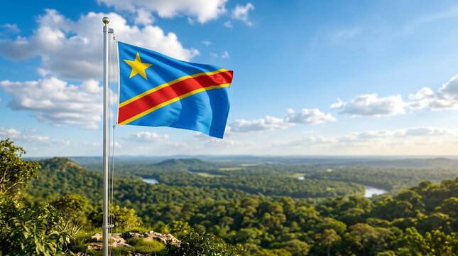 Democratic Republic of the Congo flag waving on flagpole overlooking lush tropical rainforest and river