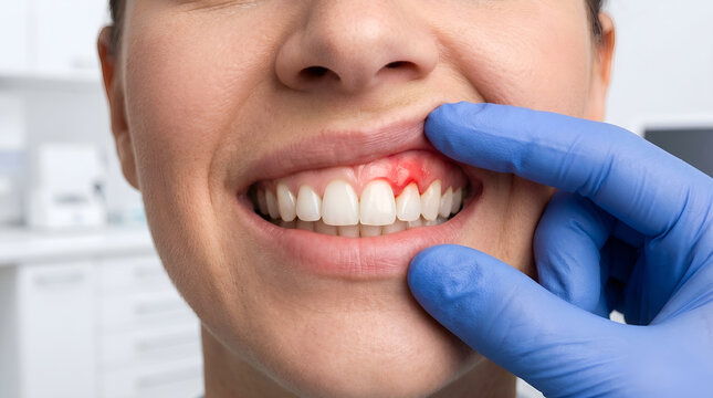 Close-up of a woman's mouth with red, inflamed gums being examined by a gloved hand