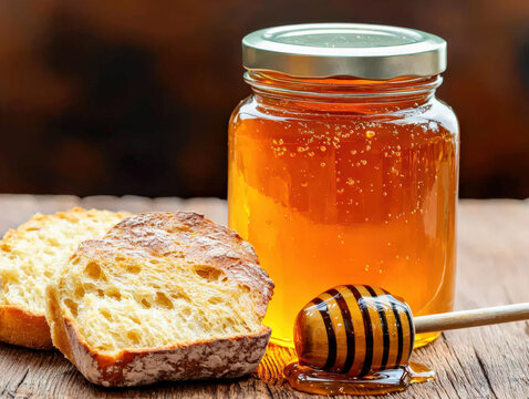 Honey jar with rustic bread and honey dipper on wooden table in warm kitchen light