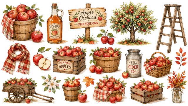 Cute Watercolor Autumn Apple Picking and Orchard Harvest Clipart Set Featuring Fresh Apple Cider Wooden Crates Fruit Baskets and Rustic Fall Elements for Seasonal Branding and Sticker Designs