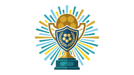 Fototapeta premium Detailed soccer trophy with ball and colorful sunburst.
