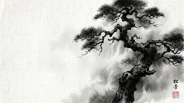 Traditional Japanese Sumi-e ink wash painting of an ancient pine tree in the mist on textured Washi paper background with copy space.
