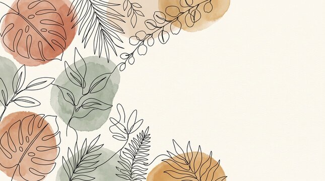 Abstract minimalist boho background with botanical floral line art, monstera leaves, and watercolor organic shapes on textured paper with copy space.
