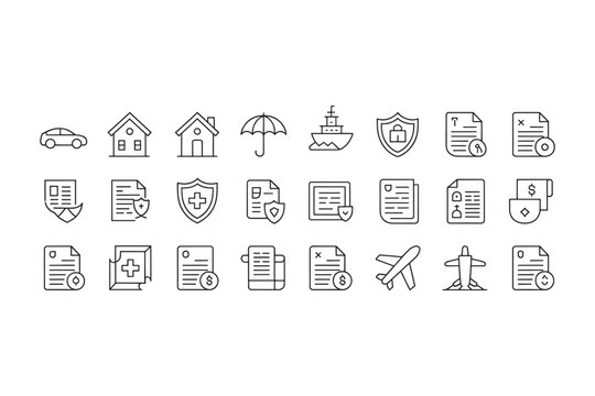 Collection of thin line insurance representing various types of coverage including car home umbrella ship shield document airplane and money symbols on a white background Keywords: insurance line