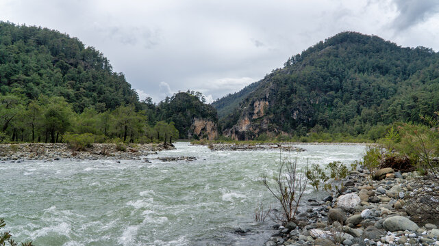 Namnam River flows through rocky banks and lush green pine forest in Mugla, Turkey. Wild mountain river landscape under a cloudy sky.