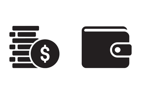 Two distinct black are presented side by side on a white background, depicting a stack of coins with a dollar sign and a closed wallet, representing financial concepts like savings, money, and