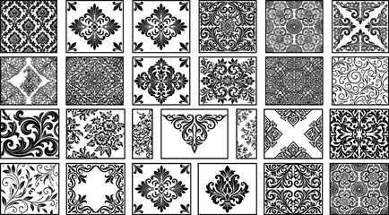 Intricate Black and White Ornamental Pattern Collection Featuring Symmetrical Floral Foliage Scroll Motifs for Decorative Vintage Design © Joyanti