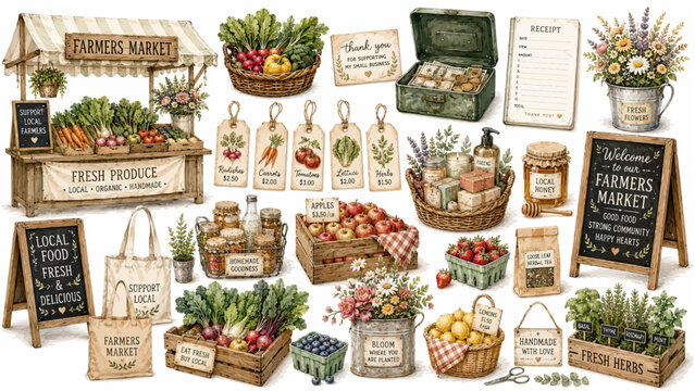 Cute Watercolor Vintage Farmers Market Vendor Clipart Set Featuring Wooden Market Stall Fresh Produce Crates Open Cash Box and Local Honey for Small Business Branding and Sticker Designs