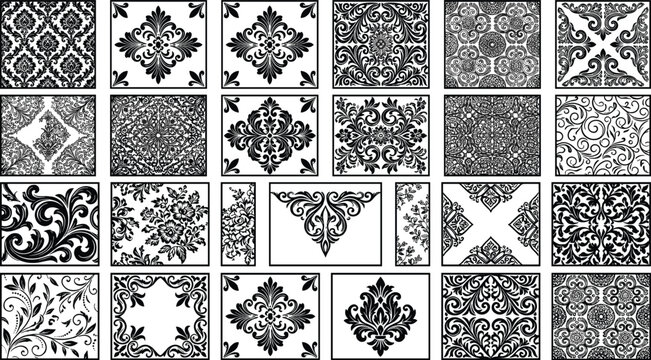 Intricate Black and White Ornamental Pattern Collection Featuring Symmetrical Floral Foliage Scroll Motifs for Decorative Vintage Design