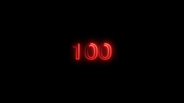 Glowing red neon number 100 sign animation on black background