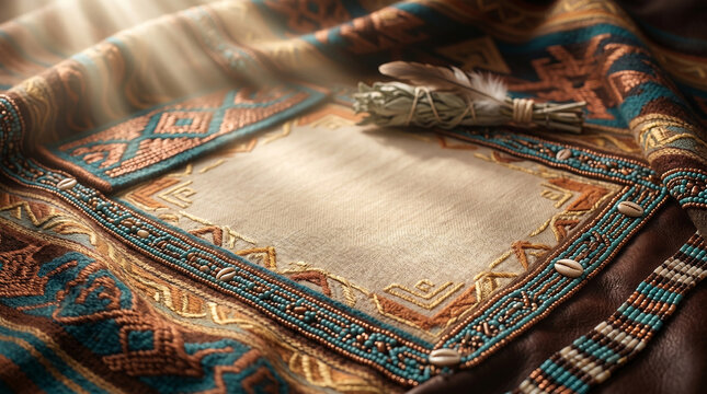 Native American style fabric background mockup with beaded embroidery sage smudge stick and feather