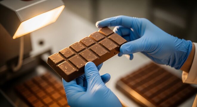 Close up of hands in blue gloves holding a chocolate bar under a light in a factory