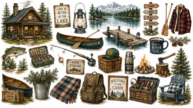 Cute Watercolor Vintage Lake Cabin and Fishing Weekend Clipart Set Featuring Log Cabin Green Canoe Campfire and Mountain Lake Landscape for Outdoors Branding and Sticker Designs