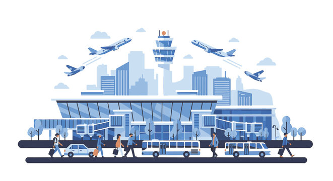 Flat vector illustration of a busy airport terminal with airplanes taking off, passengers with luggage, shuttle buses, control tower, and a city skyline in blue tones.