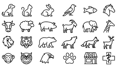 Fototapeta premium Minimal Animal Line Icons Bundle with Pet Wildlife Farm and Zoo Animal Symbols